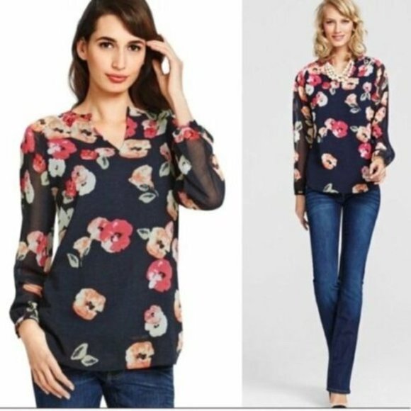 cabi Tops - CAbi Tunic Blouse Top Size S Womans Navy Blue Floral Chiffon 3/4 Sleeve #971
